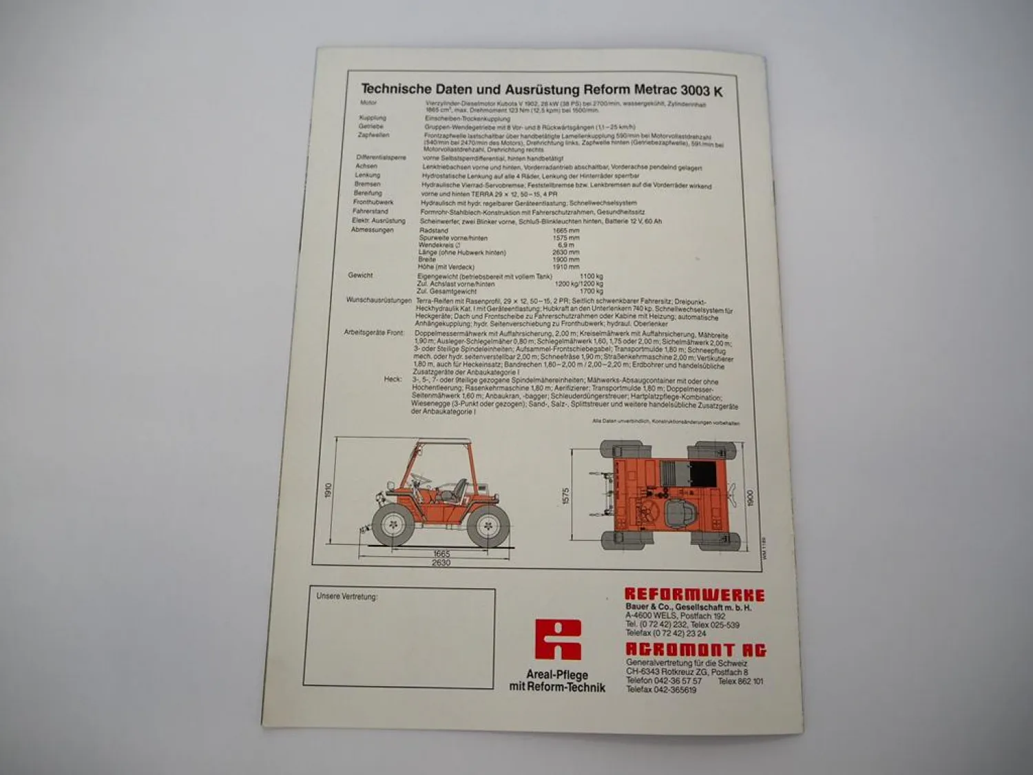 Original Prospekt Reform Metrac 3003K Traktor Rasenpflege Winterdienst 1990er