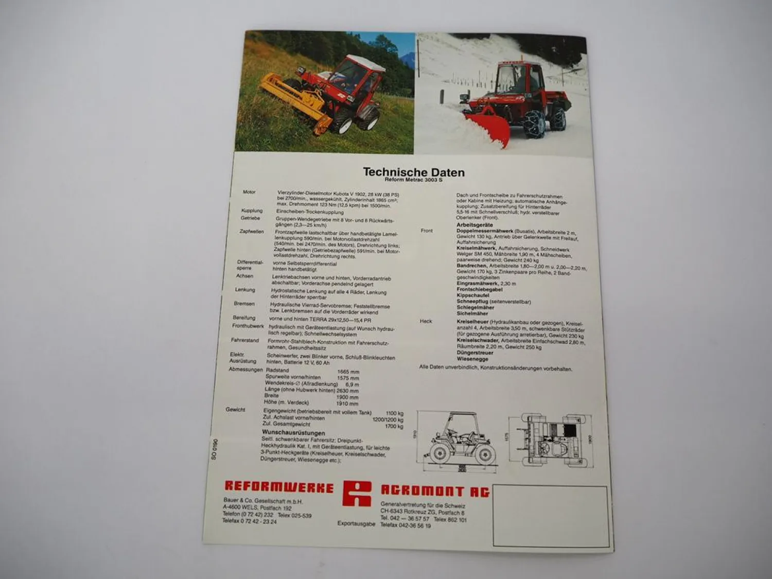 Original Prospekt Reform Metrac 3003S Traktor Mäher Winterdienst 1990er Jahre