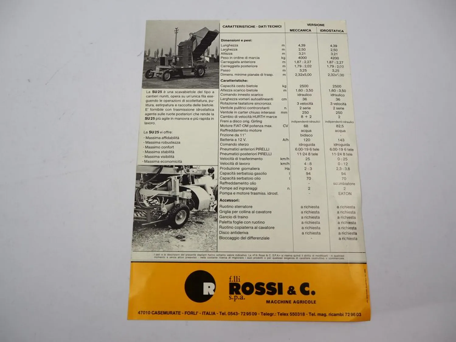 Original Prospekt Rossi & C. SU25 Rübenerntemaschine Italien 1970/80er Jahre