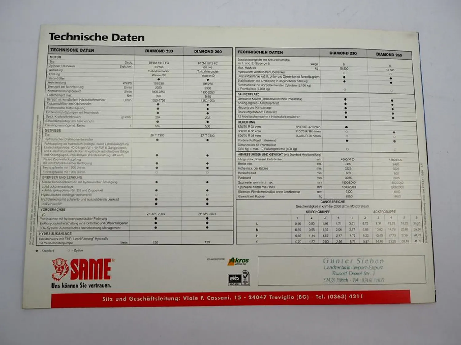 Original Prospekt Same Diamond 230 260 Schlepper 10/1999 mit technischen Daten