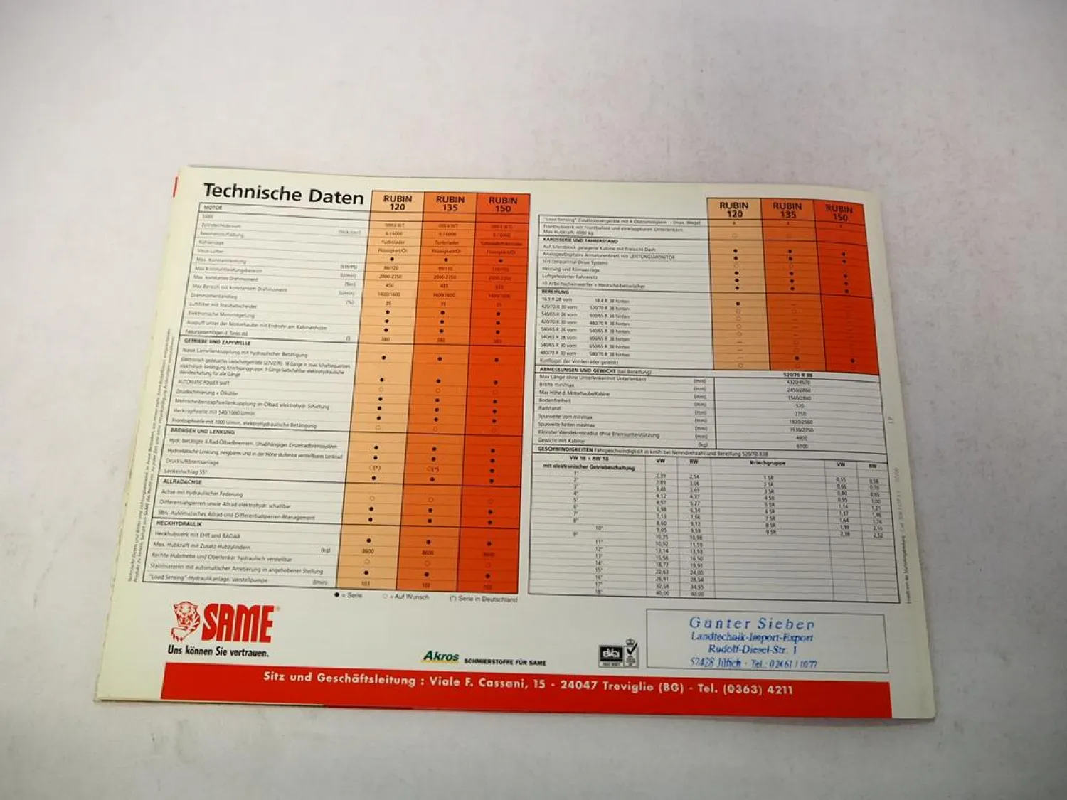 Original Prospekt Same Rubin 120 135 150 Schlepper mit technischen Daten 1999