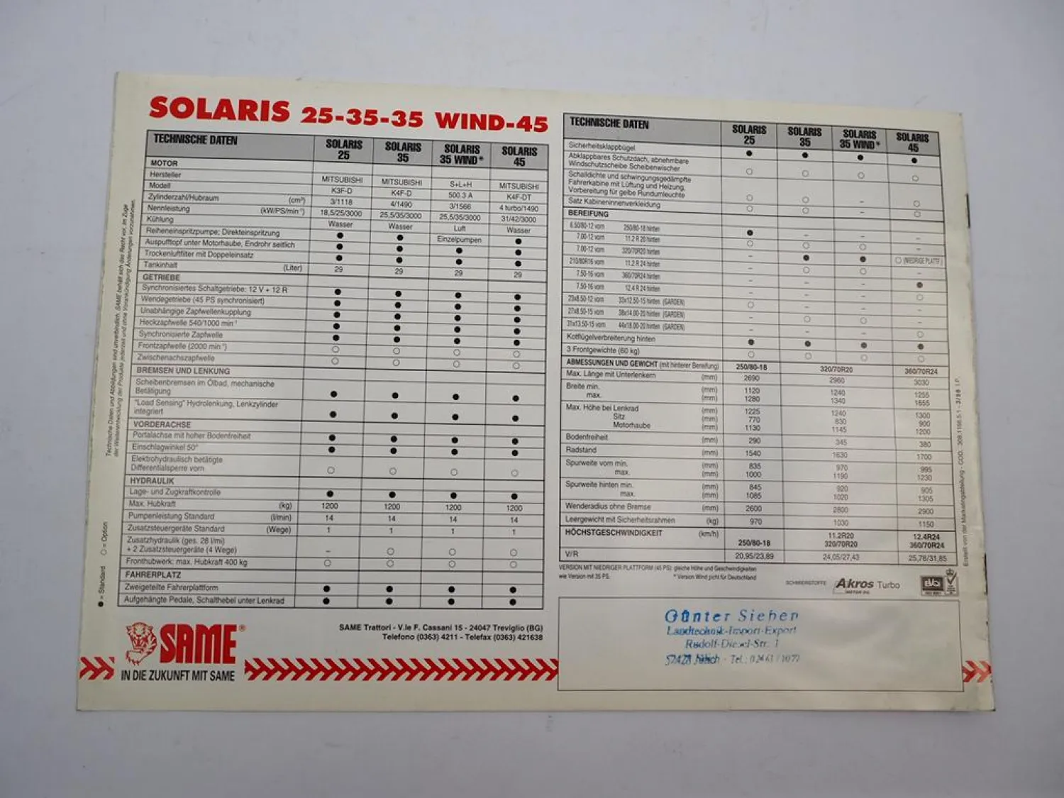 Original Prospekt Same Solaris 25 35 45 Schlepper 1998 mit technischen Daten