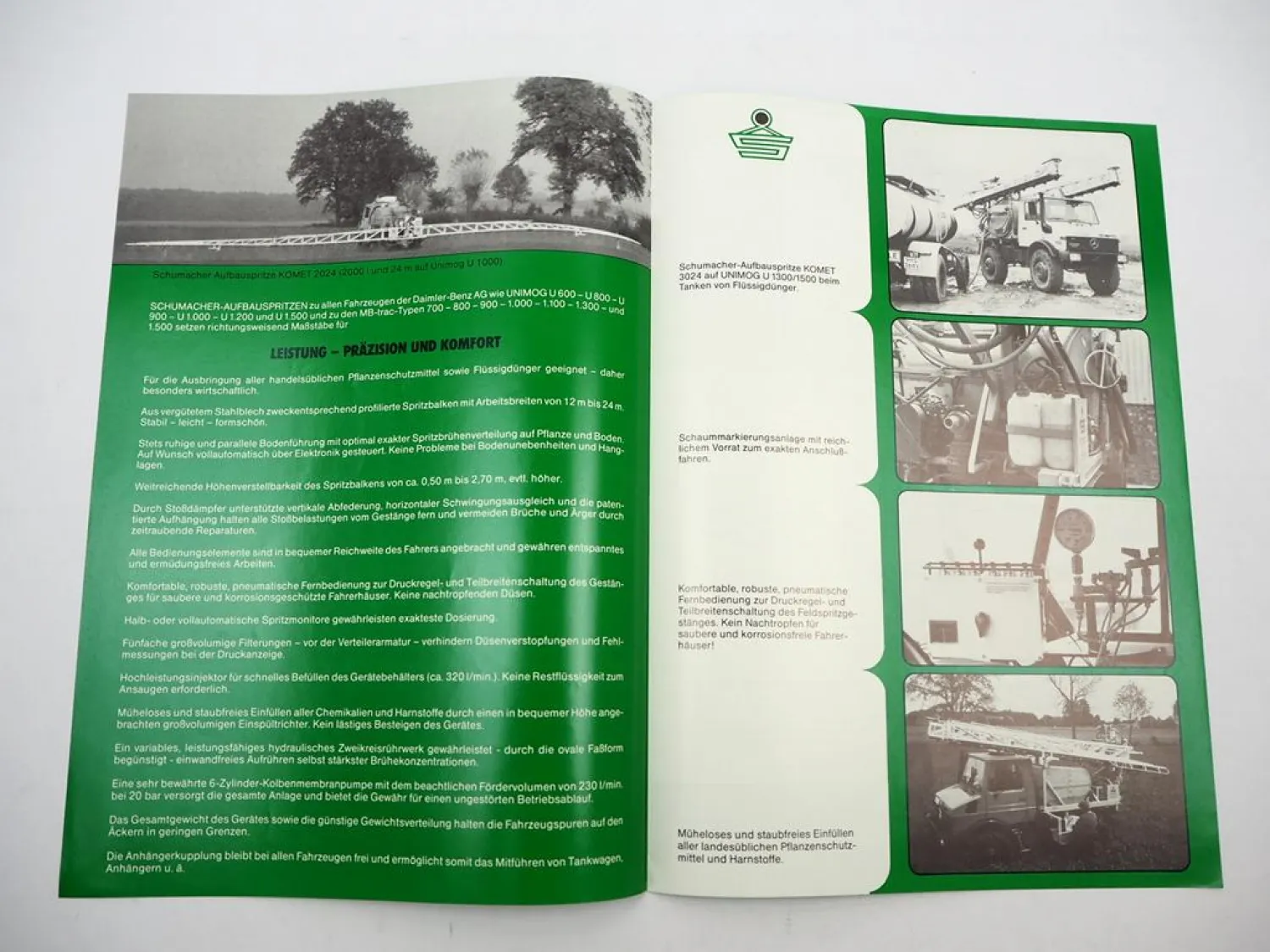 Original Prospekt Schumacher Anbaugeräte Spritzen für Unimog MBtrac 1970er J.
