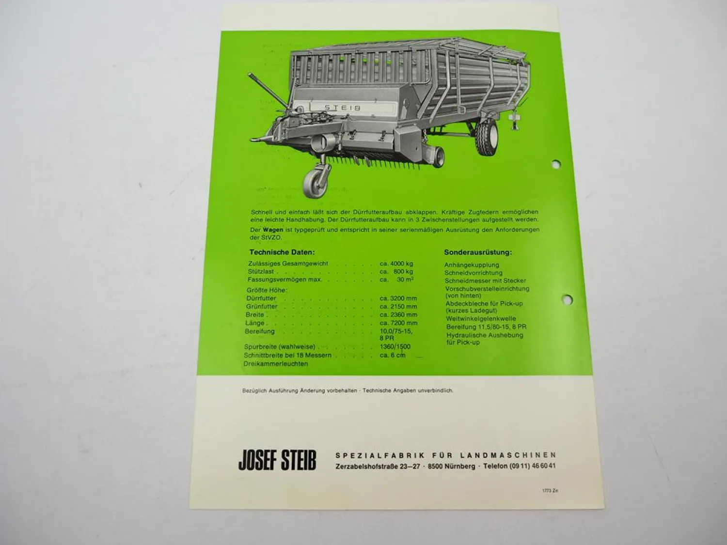 Original Prospekt Steib L30 Ladewagen ca. 1970er Jahre mit technischen Daten