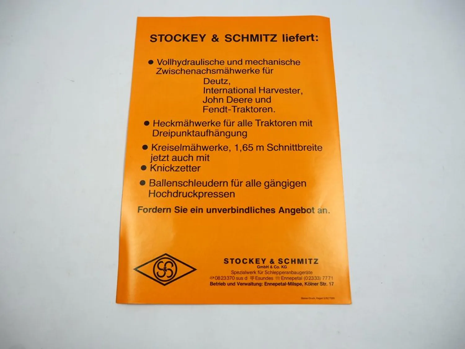 Original Prospekt Stockey & Schmitz S&S Frontlader mit Deutz D 6207 Traktor 1982