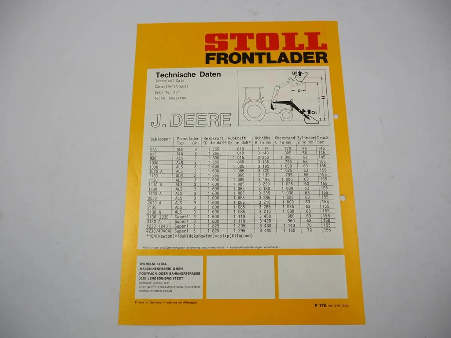 Original Prospekt Stoll Frontlader ALN ALS Super1 an John Deere Schlepper 1978