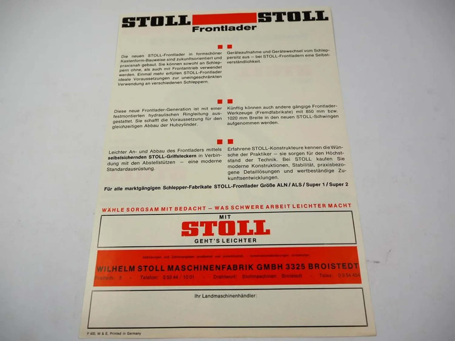 Original Prospekt Stoll Frontlader Generation 73 am IHC Schlepper ca. 1970er J.