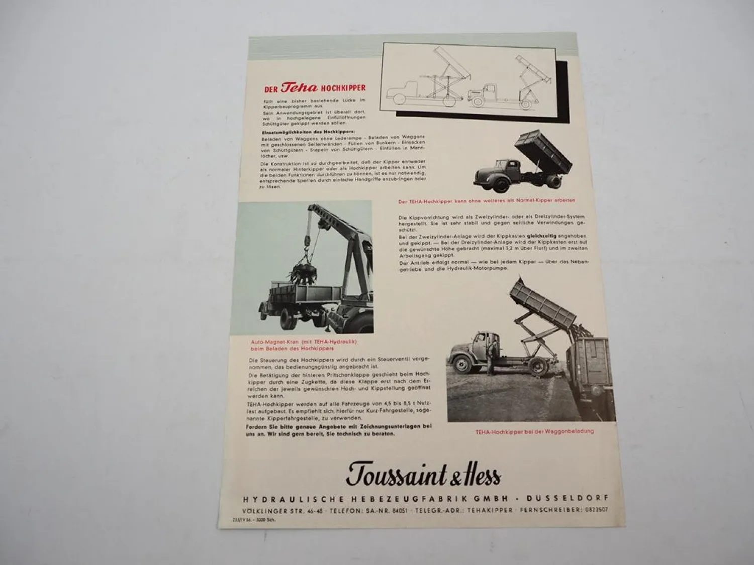 Original Prospekt Teha Toussaint & Hess Hochkipper für LKW 1956