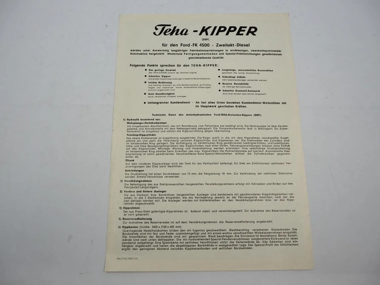 Original Prospekt Teha Toussaint & Hess Kipper auf Ford FK4500 LKW 1956