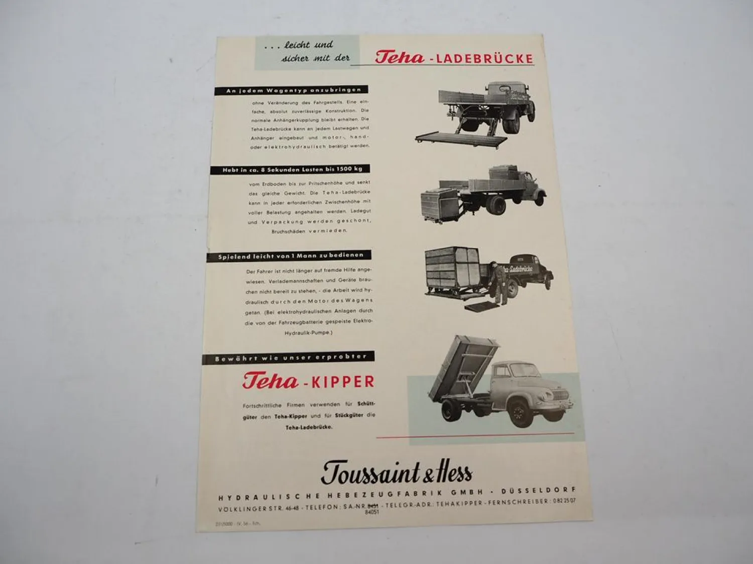 Original Prospekt Teha Toussaint & Hess Ladebrücke für LKW 1956