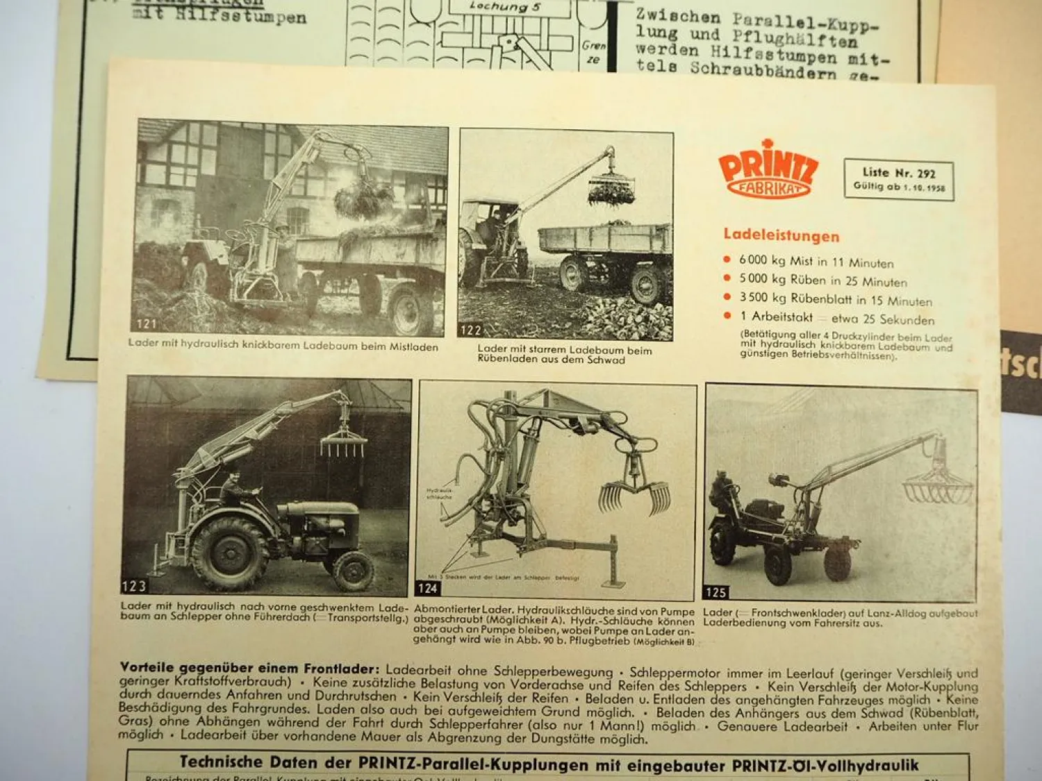 Original Prospekt Testbericht Printz Hydraulik für Schlepper 1950er Jahre