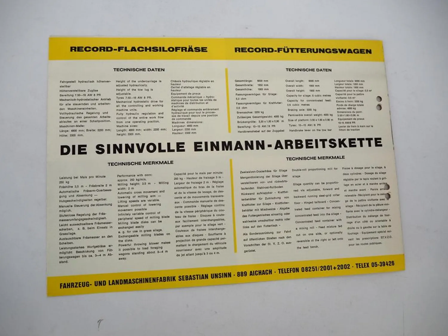 Original Prospekt Unsinn Record Flachsilofräse Fütterungswagen 1970er Jahre