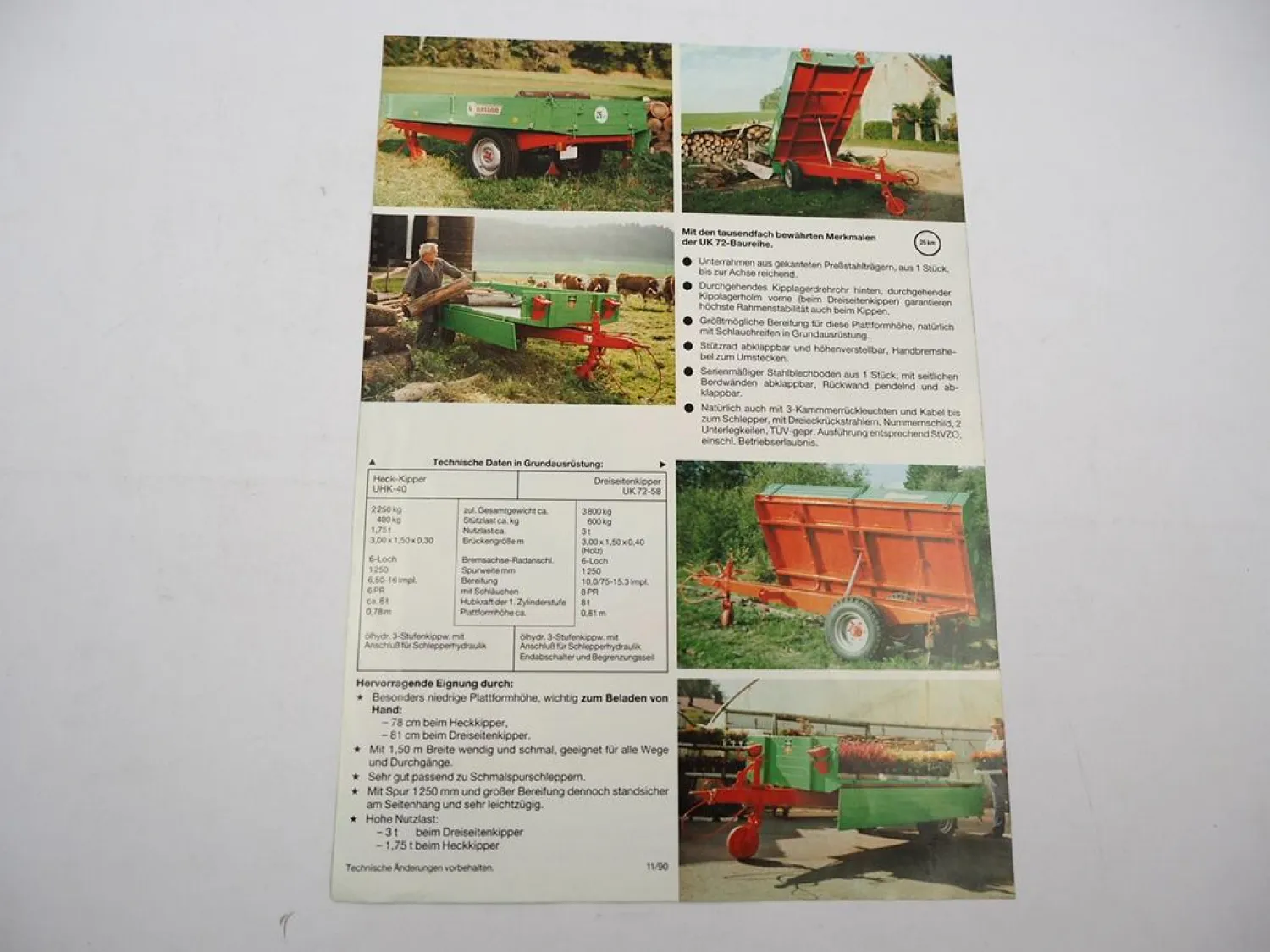 Original Prospekt Unsinn UK UKH Einachs Kippanhänger 11/1990 mit techn. Daten
