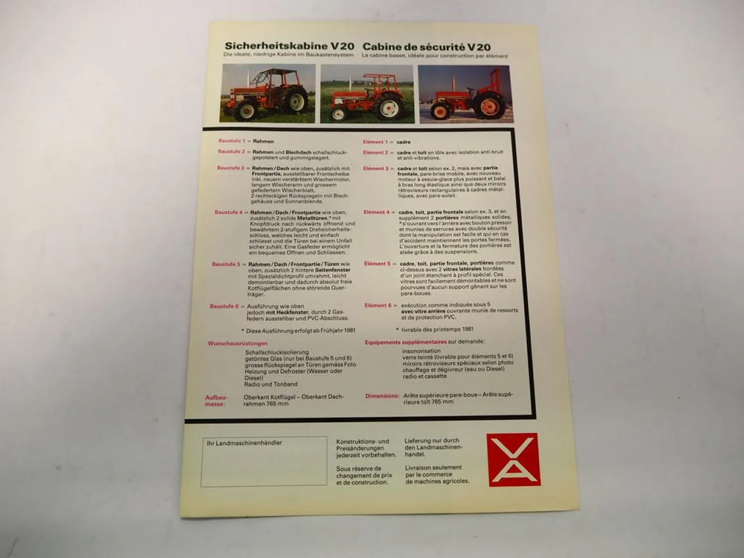 Original Prospekt Viktor V20 Sicherheitskabine an IHC 733 Traktor