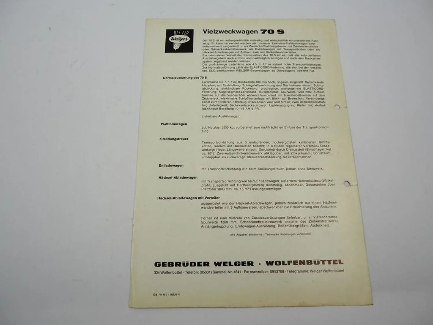Original Prospekt Welger 70S Vielzweckwagen Ladewagen Stalldungstreuer 1968