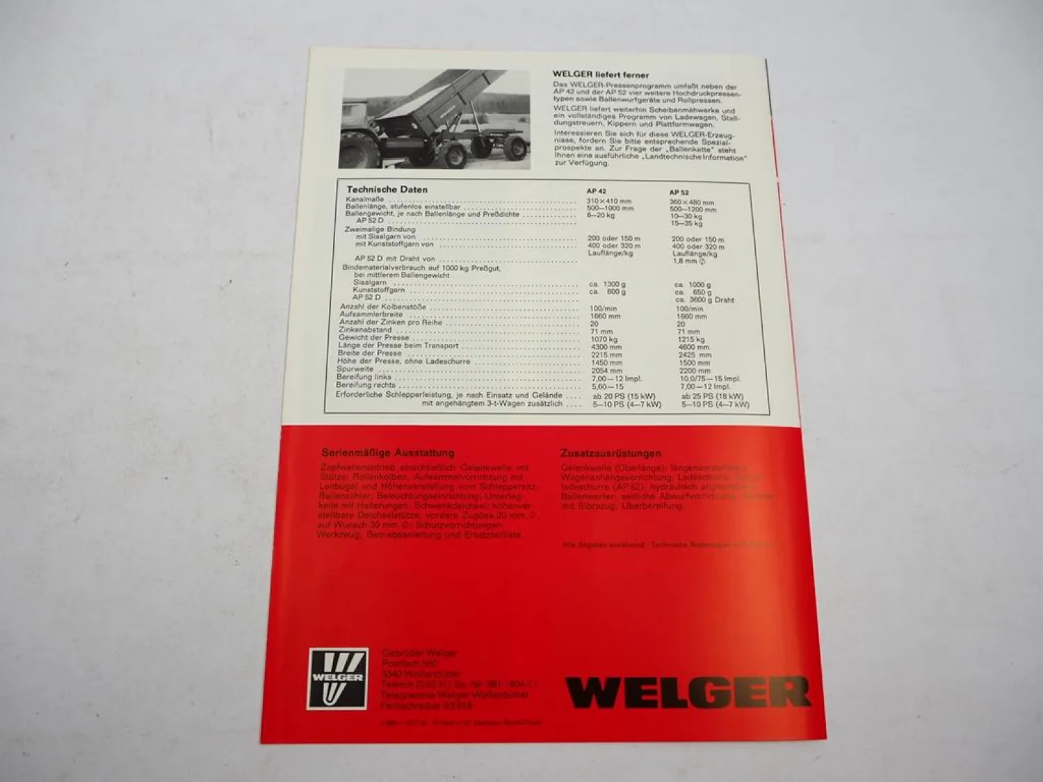 Original Prospekt Welger AP 42 52 52D Aufsammel Presse 1977 mit techn. Daten