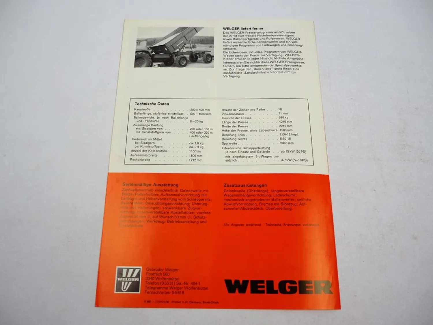 Original Prospekt Welger AP41 Aufsammel Presse 1977 mit technischen Daten