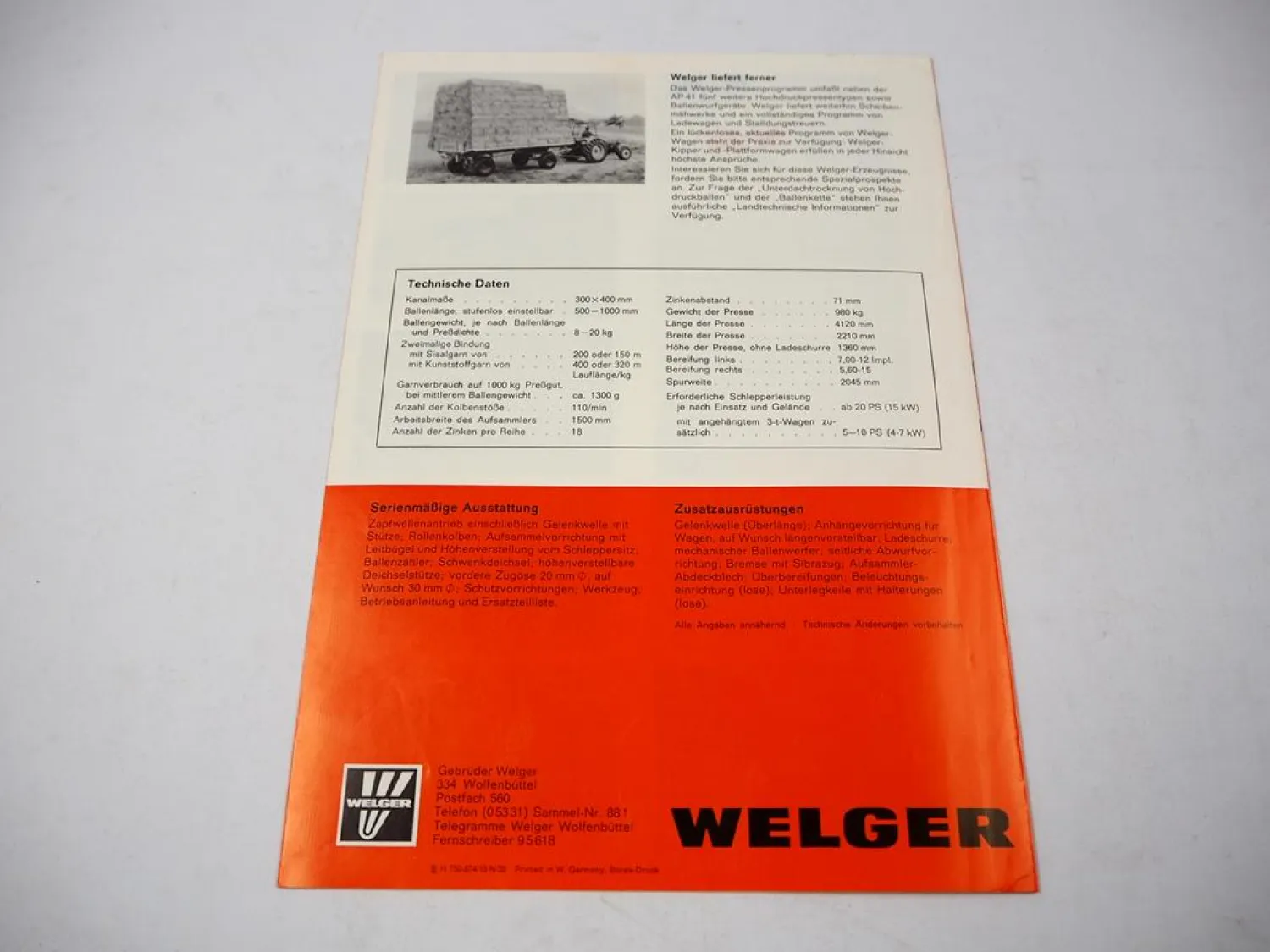 Original Prospekt Welger AP41 Hochdruck Aufsammelpresse 1970/80er Jahre