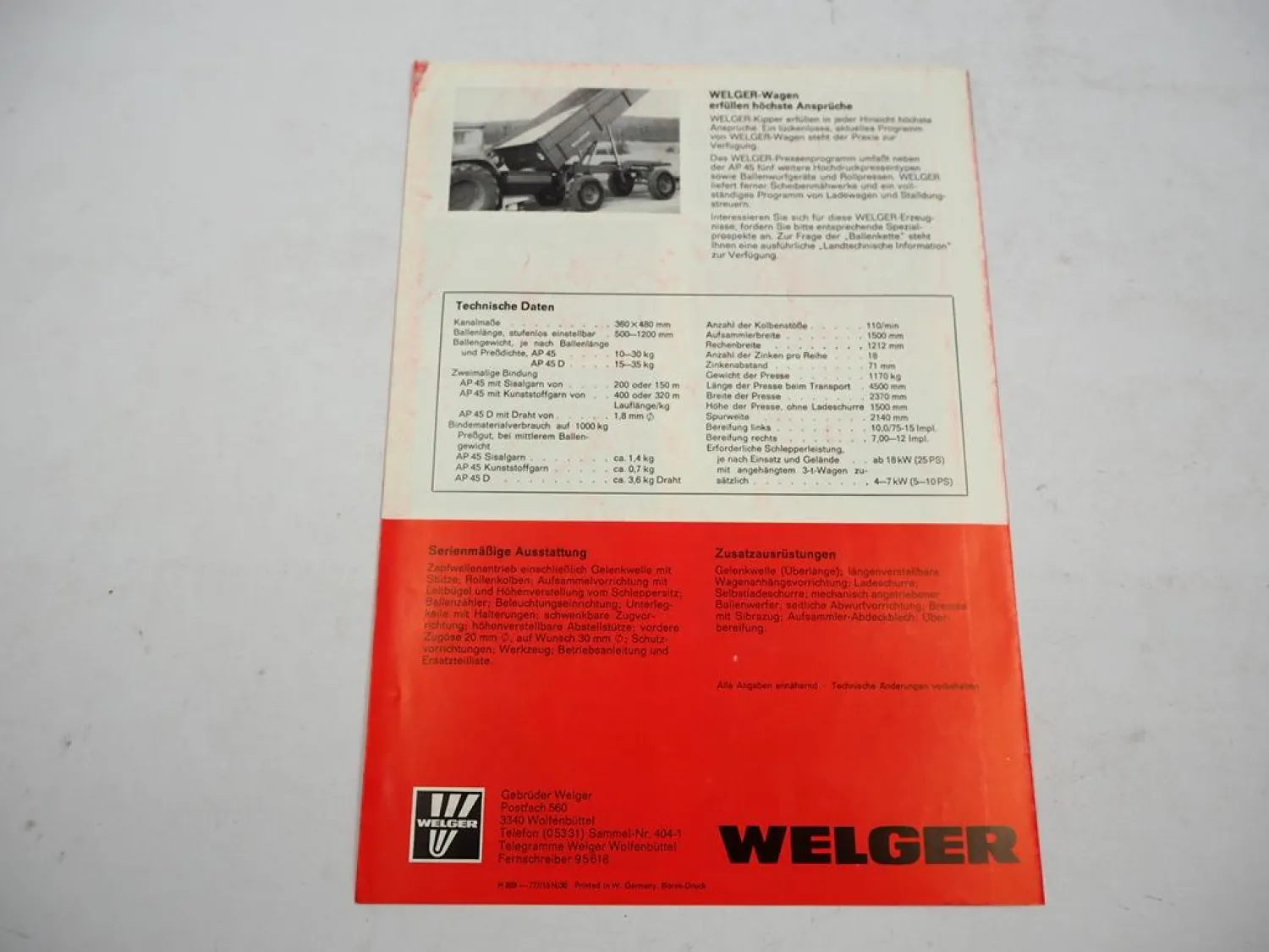 Original Prospekt Welger AP45 Hochdruck Aufsammel Presse 1977 mit techn. Daten