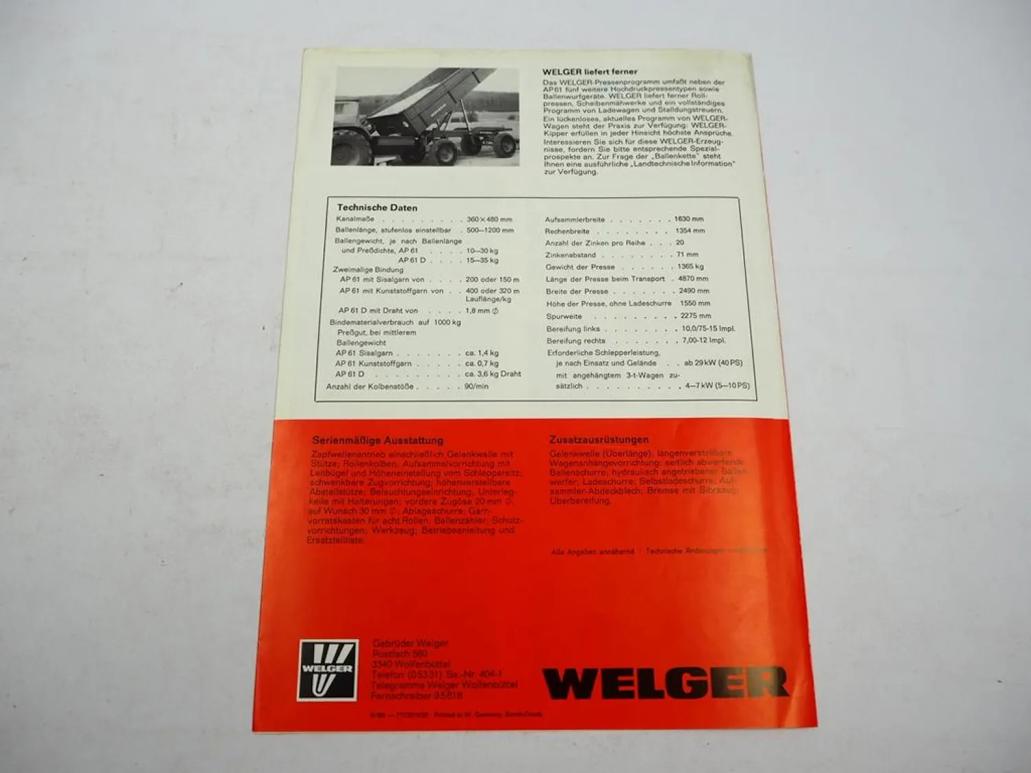 Original Prospekt Welger AP61 Hochdruck Aufsammel Presse 1977 mit techn. Daten