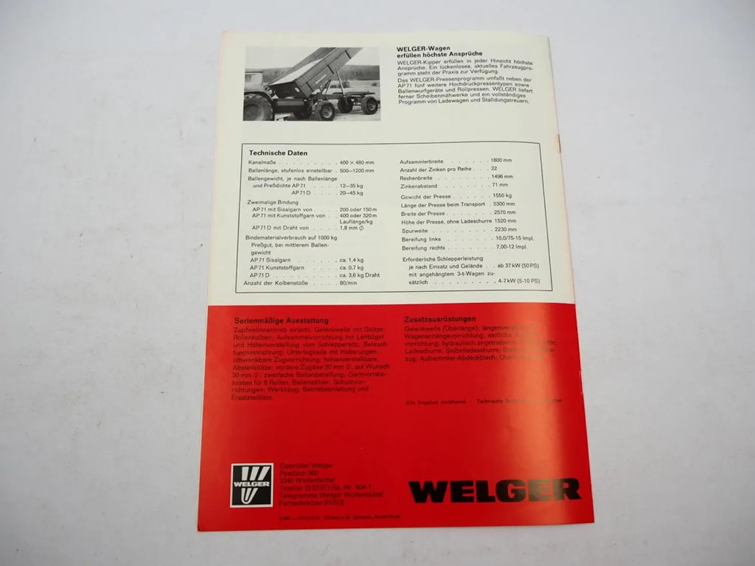 Original Prospekt Welger AP71 Aufsammel Presse 1977 mit technischen Daten