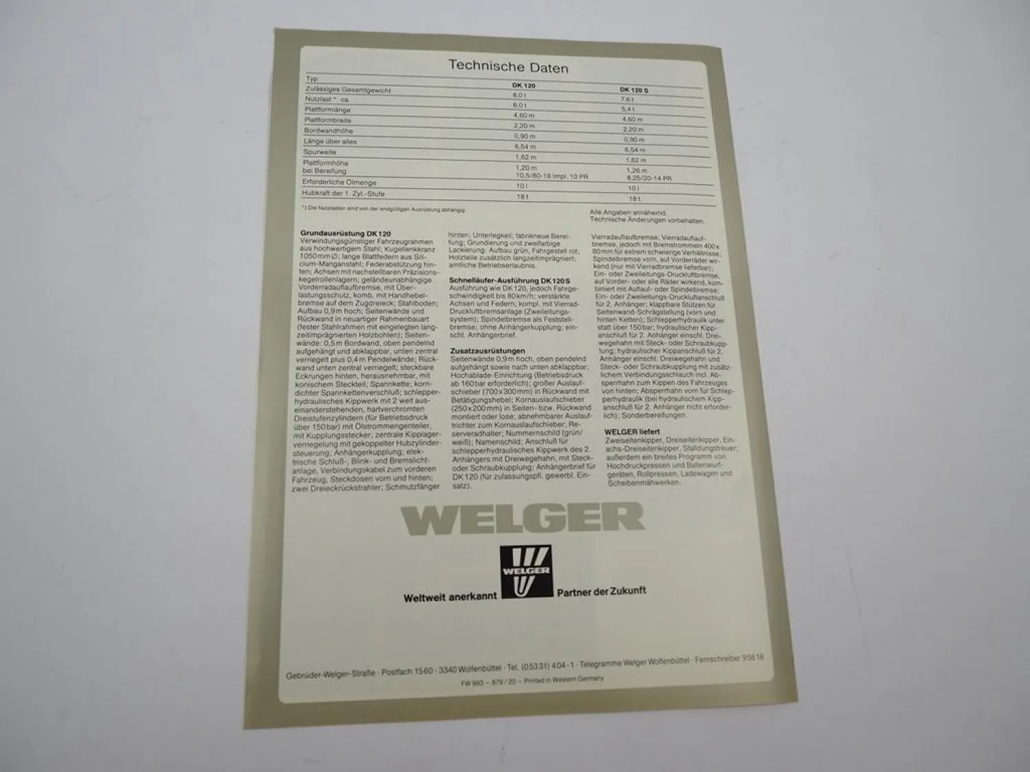 Original Prospekt Welger DK 120 120S Dreiseitenkipper 1979 mit technischen Daten