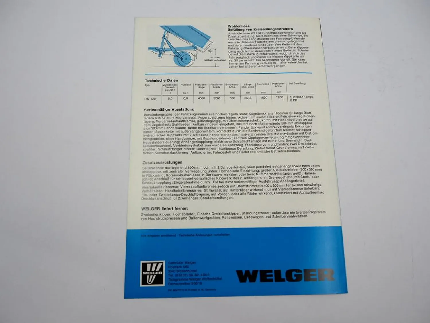 Original Prospekt Welger DK120 Dreiseitenkipper 1977 mit technischen Daten
