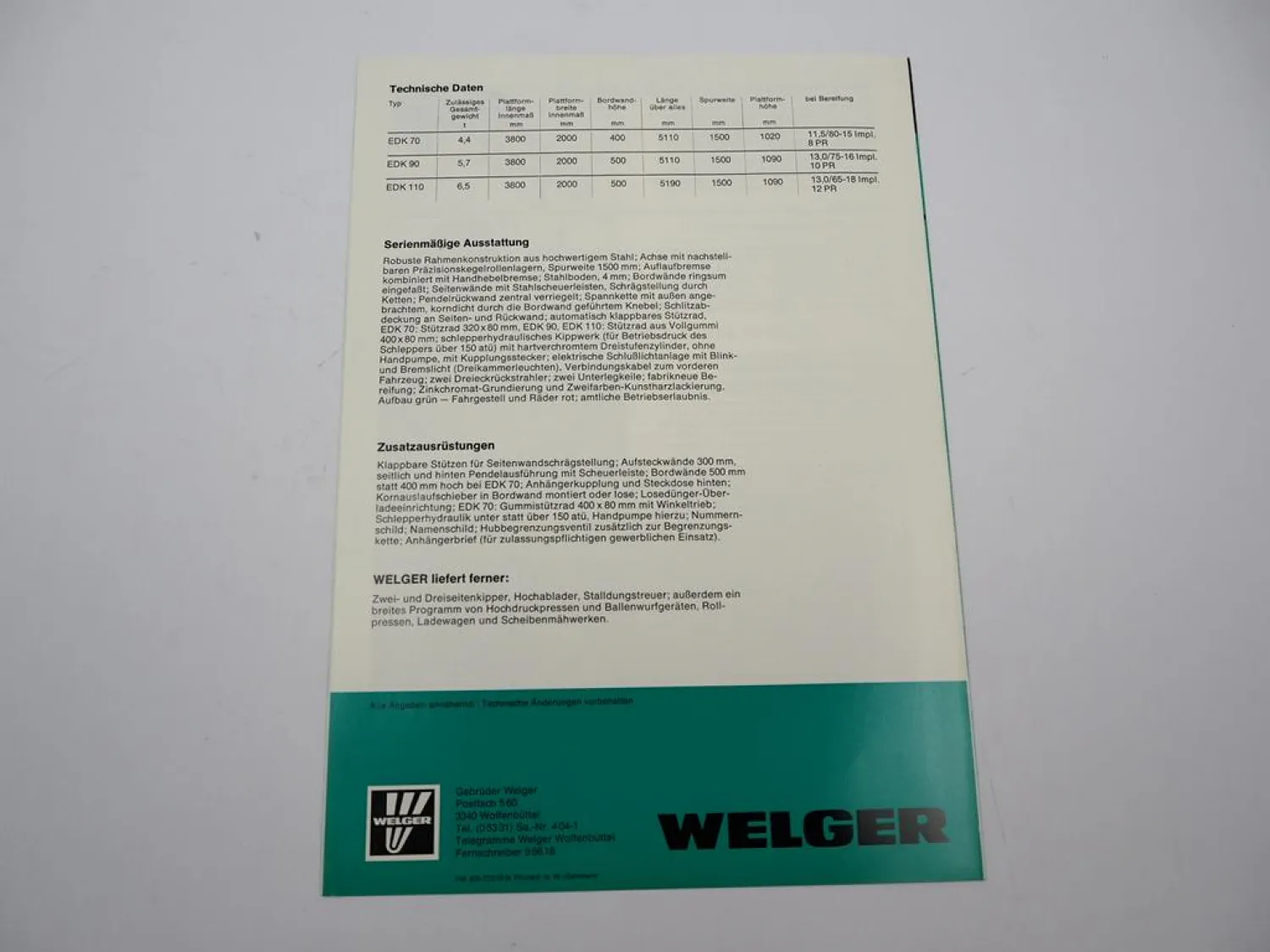 Original Prospekt Welger EDK 70 90 110 Einachs Dreiseitenkipper 1977