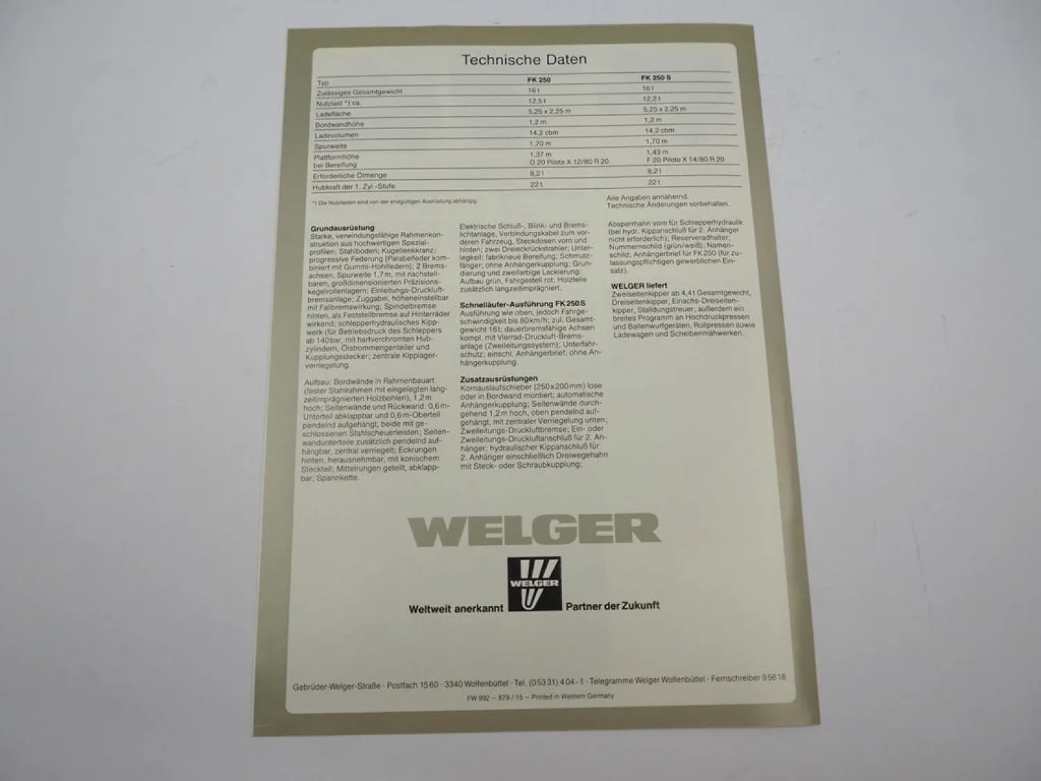 Original Prospekt Welger FK 250 250S Zweiseiten Großraum Kipper 1979