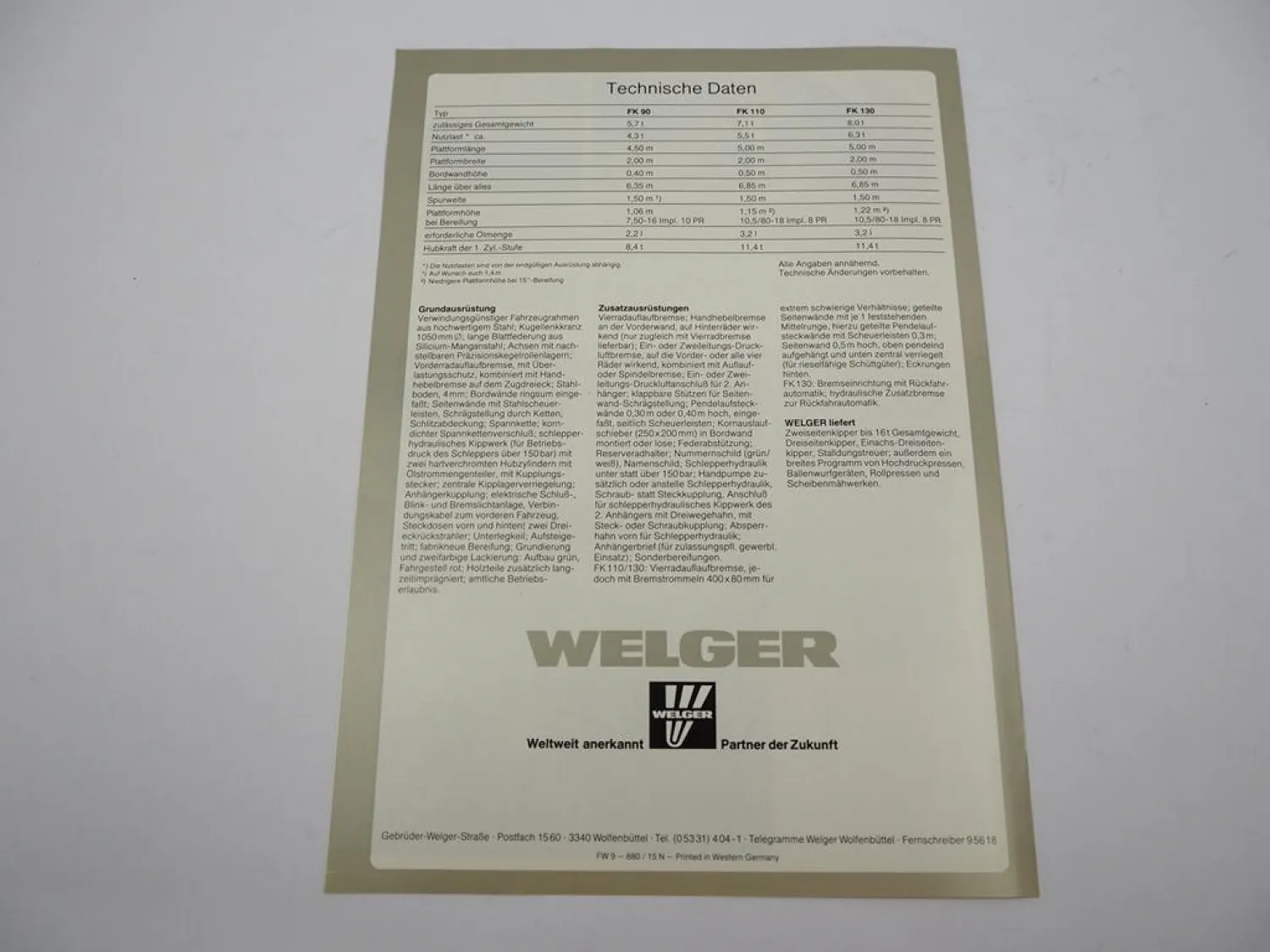 Original Prospekt Welger FK 90 110 130 Zweiseiten Kipper Anhänger 1980