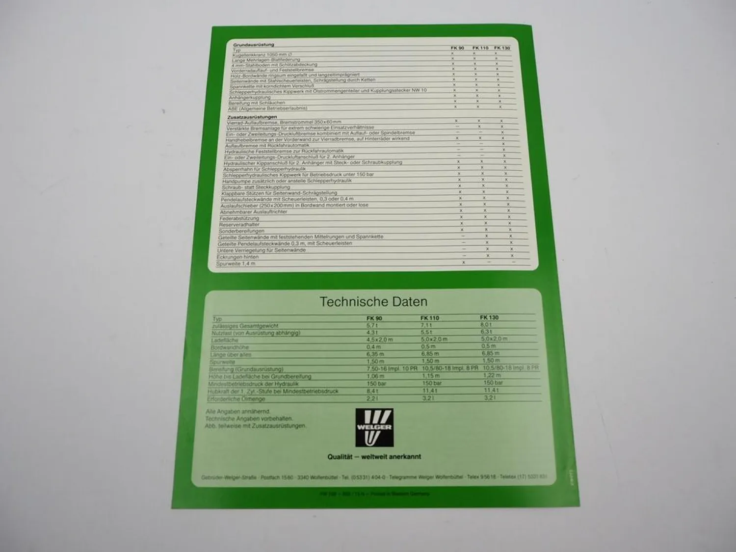 Original Prospekt Welger FK 90 110 130 Zweiseitenkipper Anhänger 1983