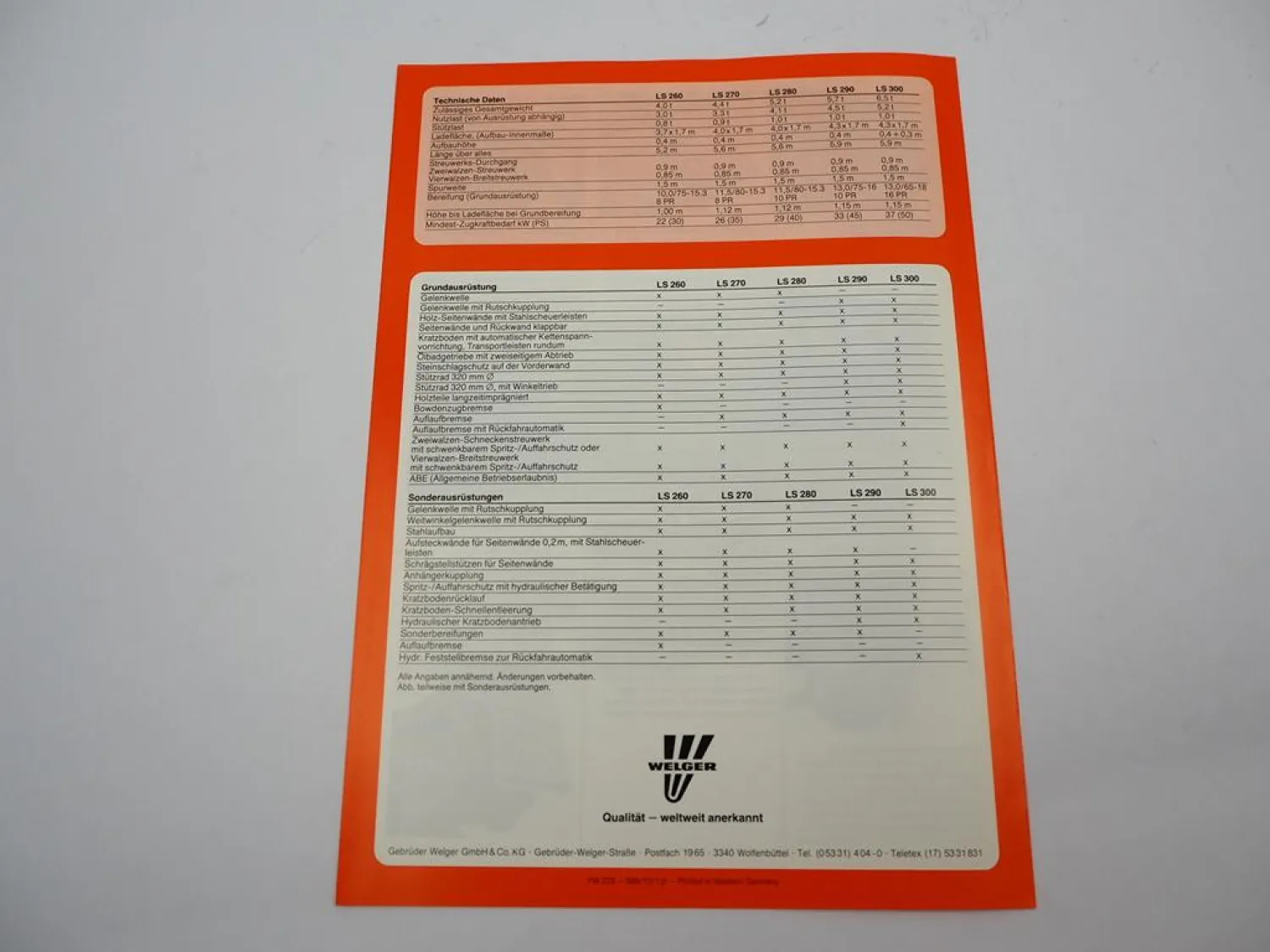 Original Prospekt Welger LS 260 270 280 290 300 Stalldungstreuer 1988