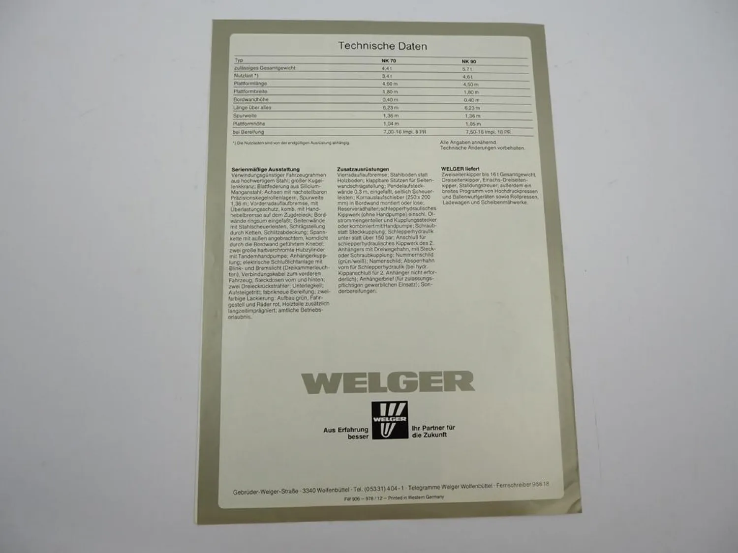 Original Prospekt Welger NK 70 90 Zweiseiten Kipper Anhänger 1978