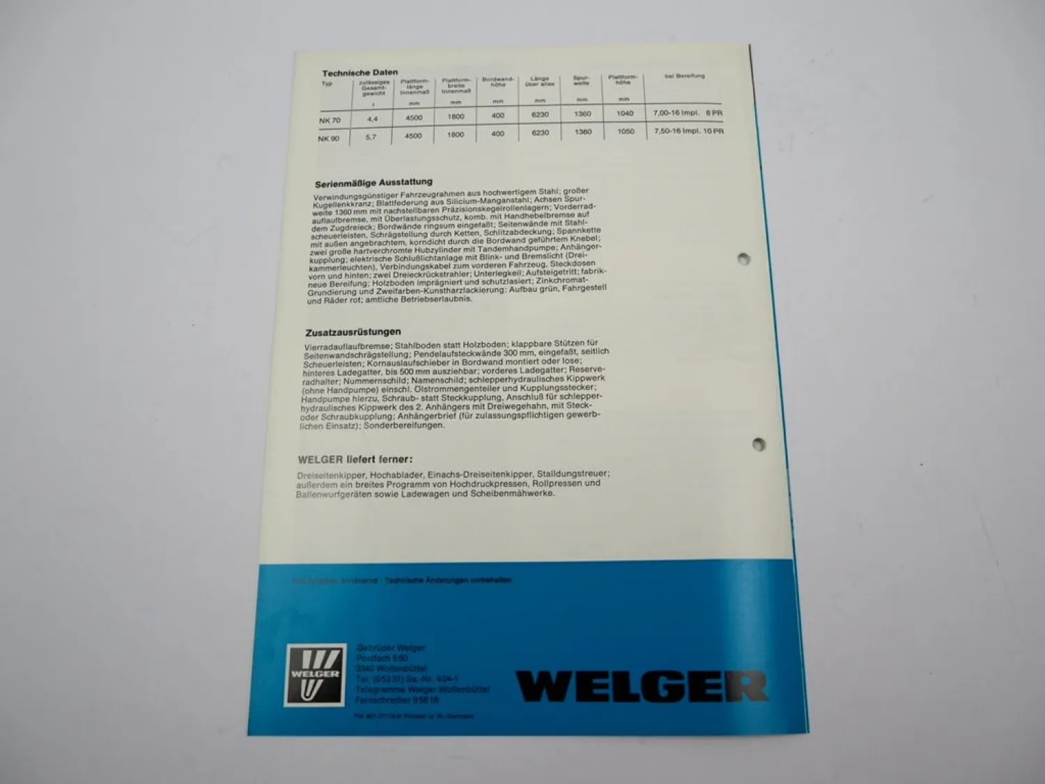 Original Prospekt Welger NK 70 90 Zweiseitenkipper Anhänger 1977