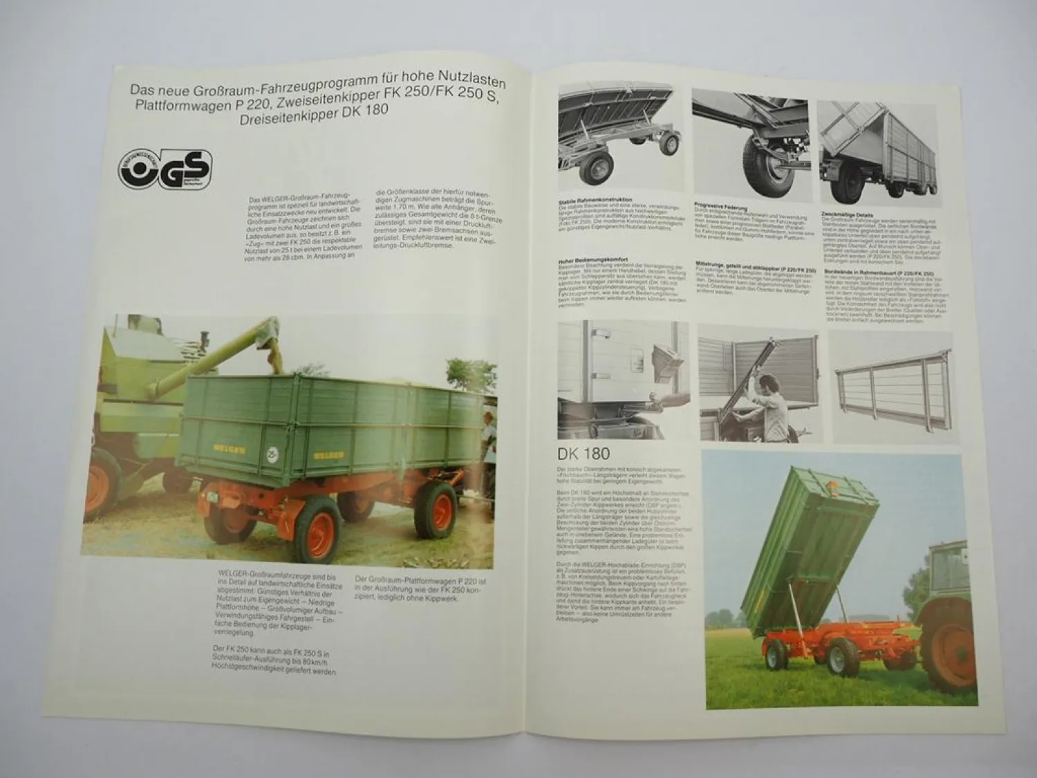 Original Prospekt Welger P220 FK250 FK250S DK180 Großraum Anhänger Kipper 1980