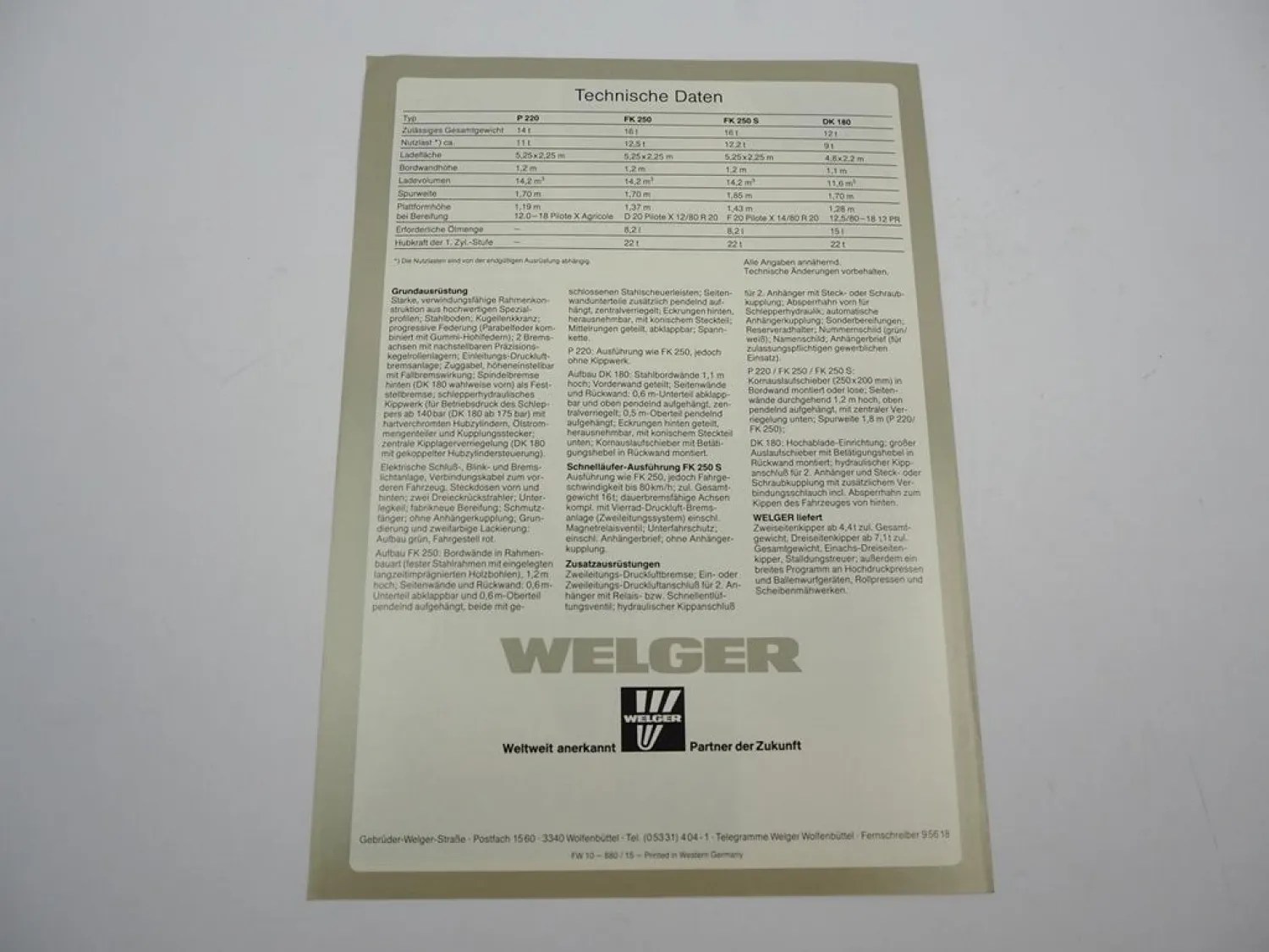 Original Prospekt Welger P220 FK250 FK250S DK180 Großraum Anhänger Kipper 1980
