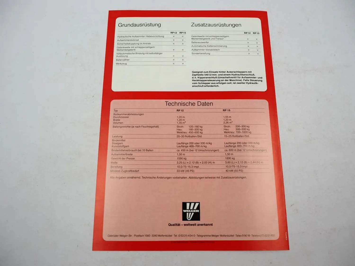Original Prospekt Welger RP 12 15 Rollpresse mit technischen Daten 1983