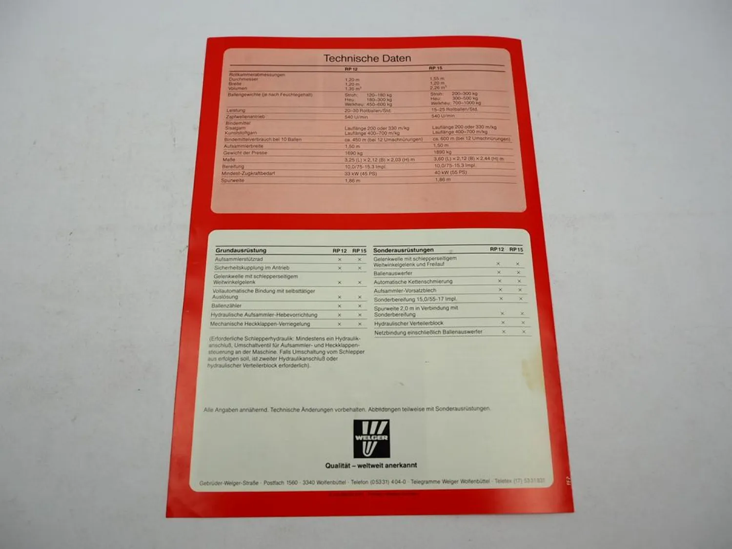 Original Prospekt Welger RP 12 15 Rollpresse mit technischen Daten 1984