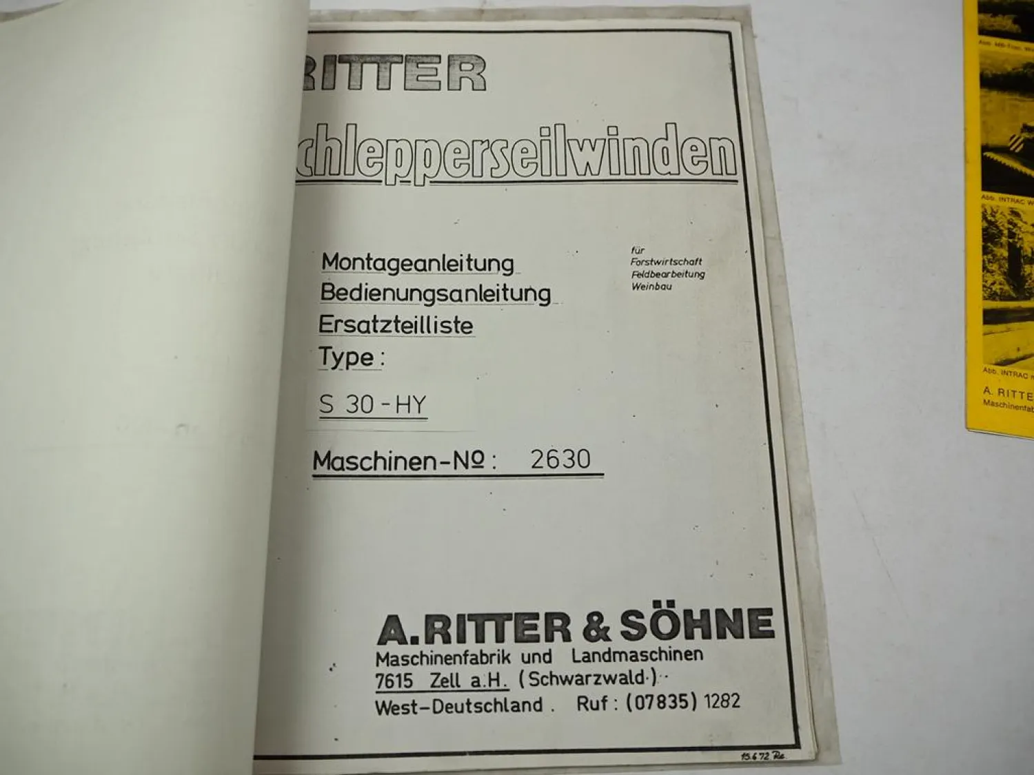 Original Ritter S66 S30 Seilwinde f. Schlepper Betriebsanleitung Ersatzteilliste