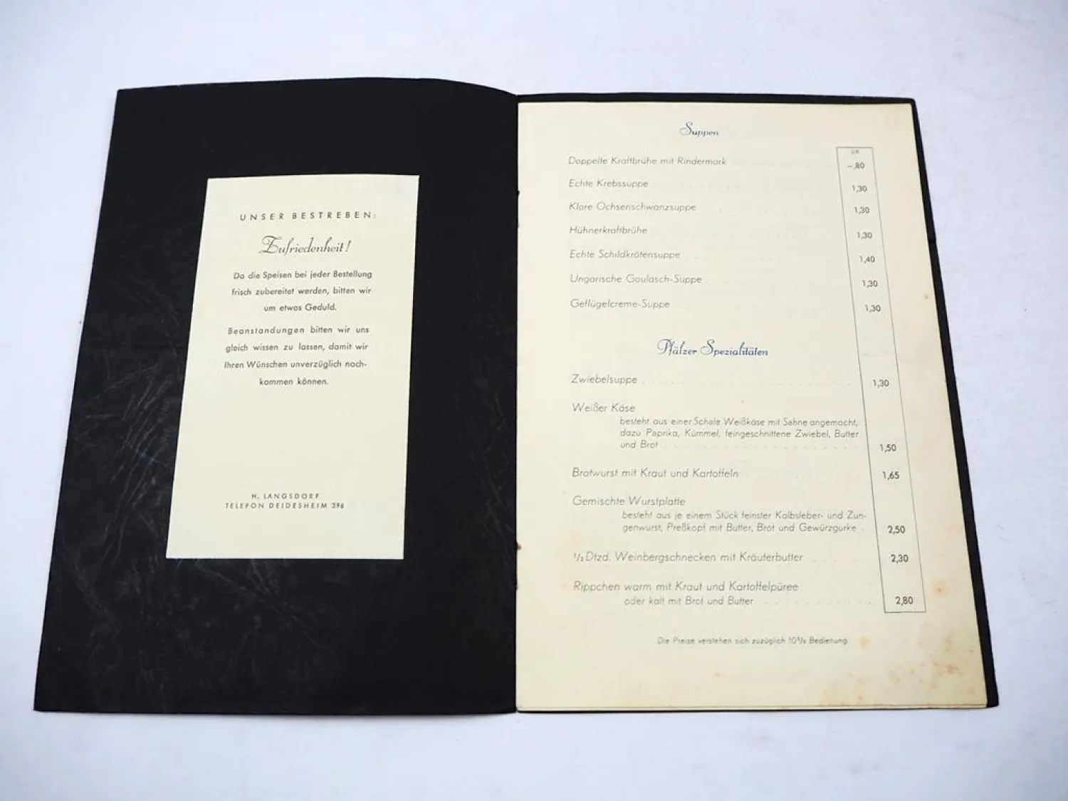 Original Speisekarte Gasthaus zur Kanne Deidesheim an der Weinstraße 1950er J.