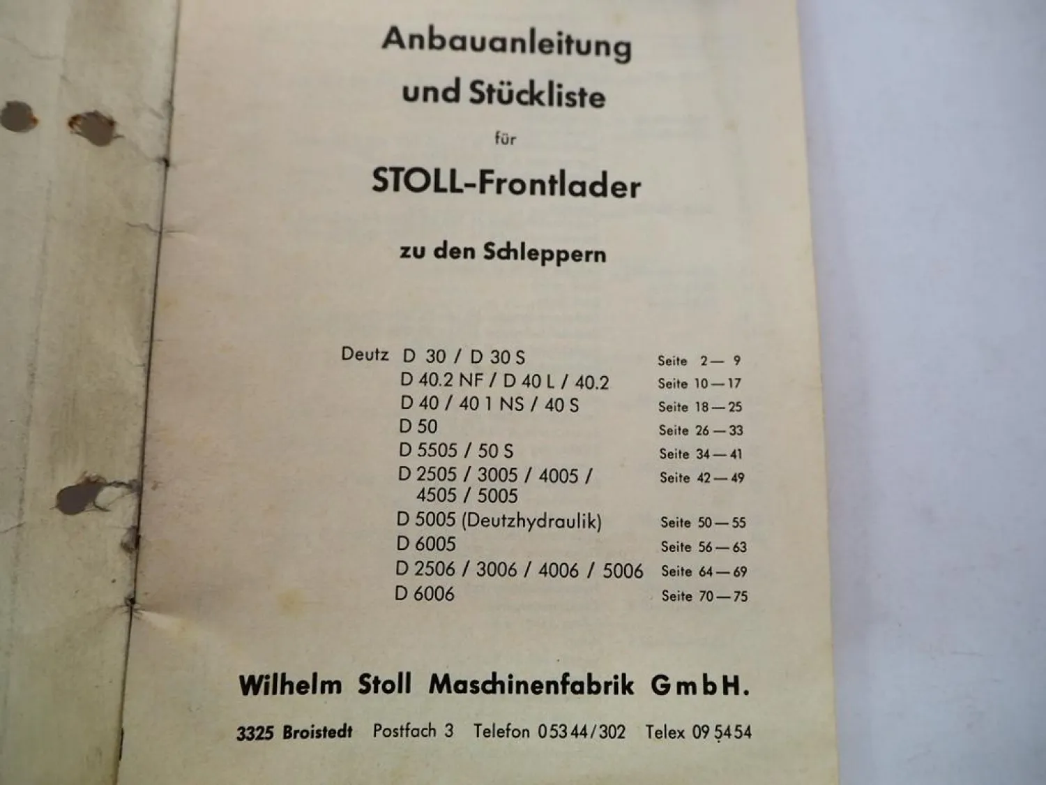 Original Stoll Frontlader Anbauanleitung Ersatzteilliste für Deutz Schlepper 1969