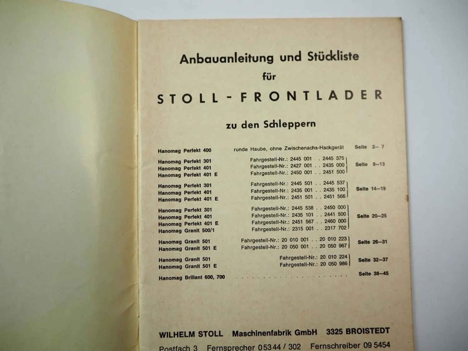 Original Stoll Frontlader für Hanomag Schlepper Anbauanleitung Stückliste 1970