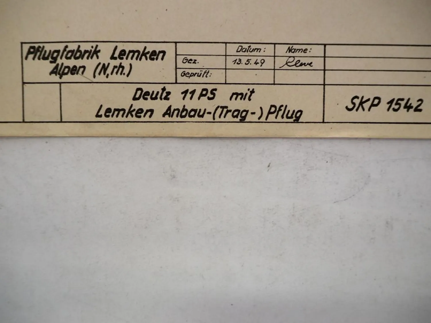 Original Technische Zeichnung Lemken Pflug an Deutz 11 PS Bauernschlepper 1949