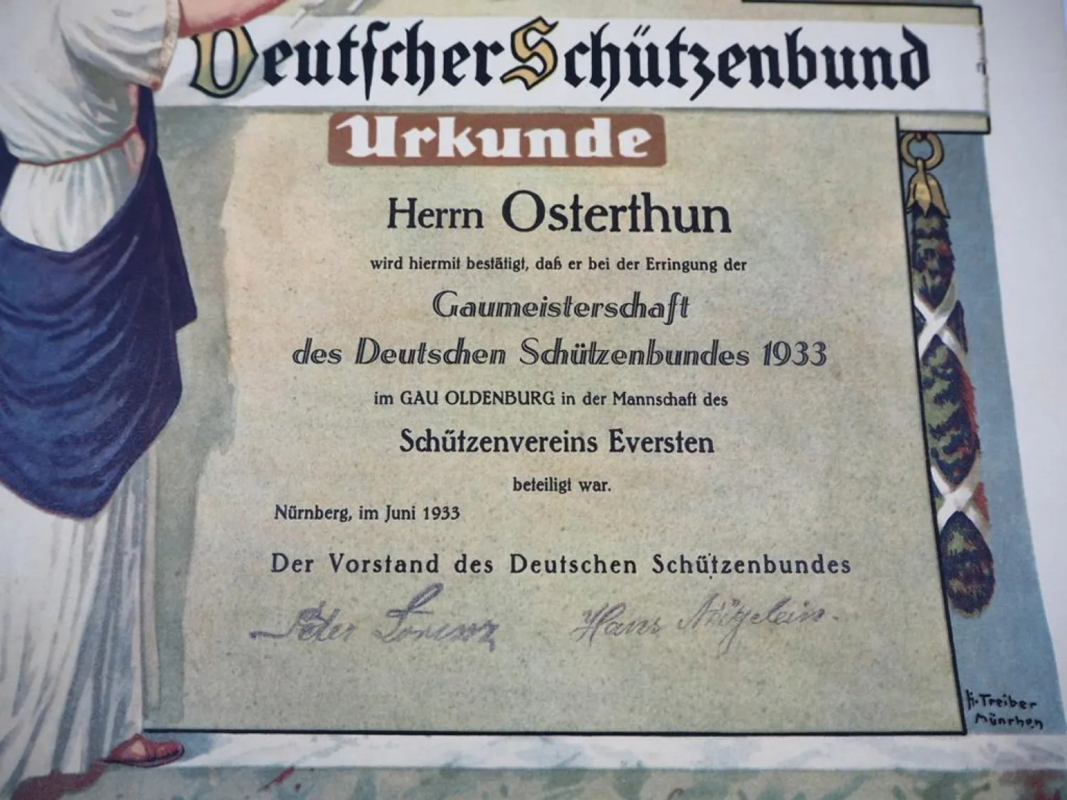 Original Urkunde Oldenburg Schützen Verein Eversten 1930er Jahre Nürnberg