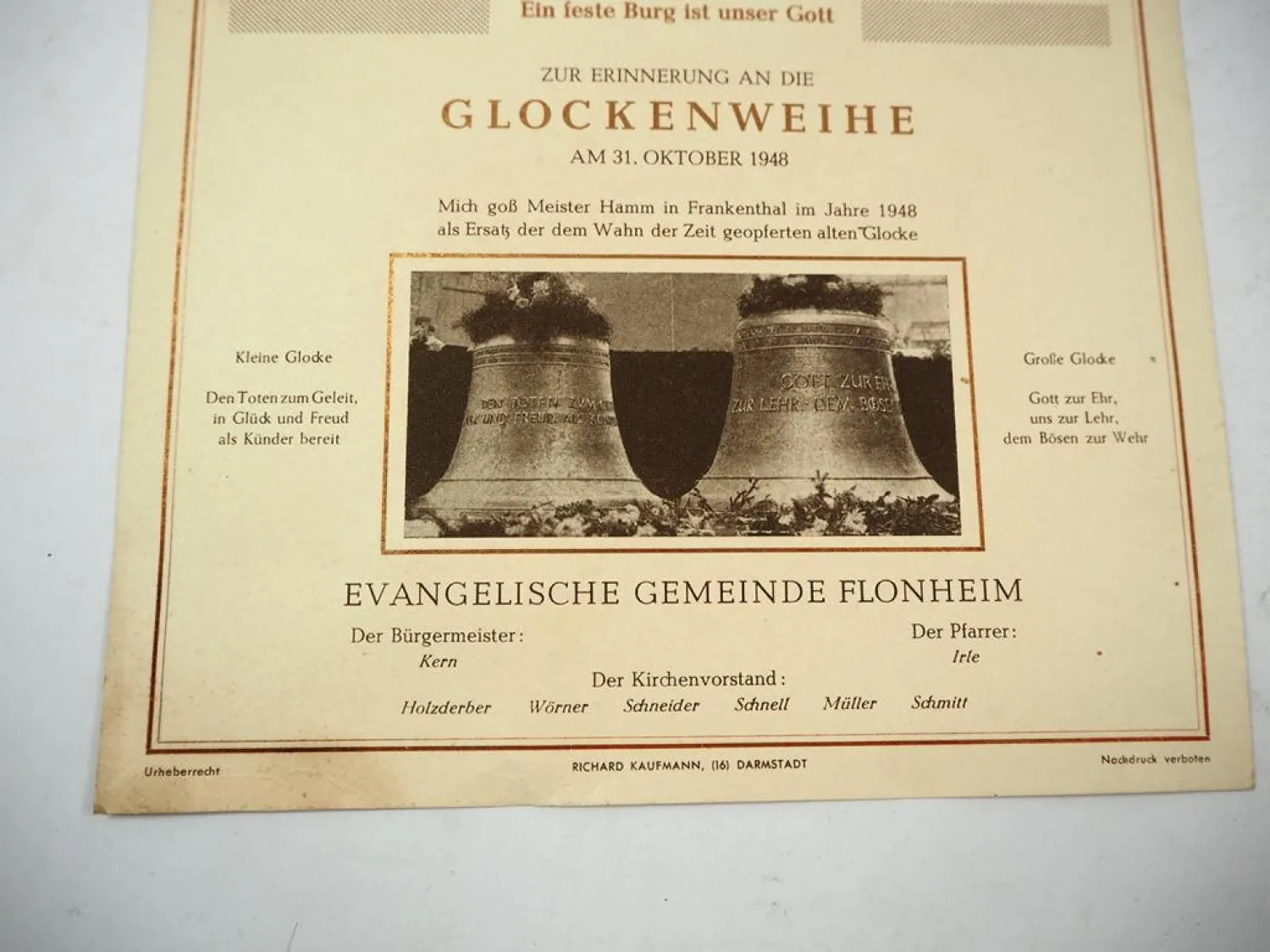 Original Urkunde und Medaille Glockenweihe Gemeinde Flonheim Worms 1948