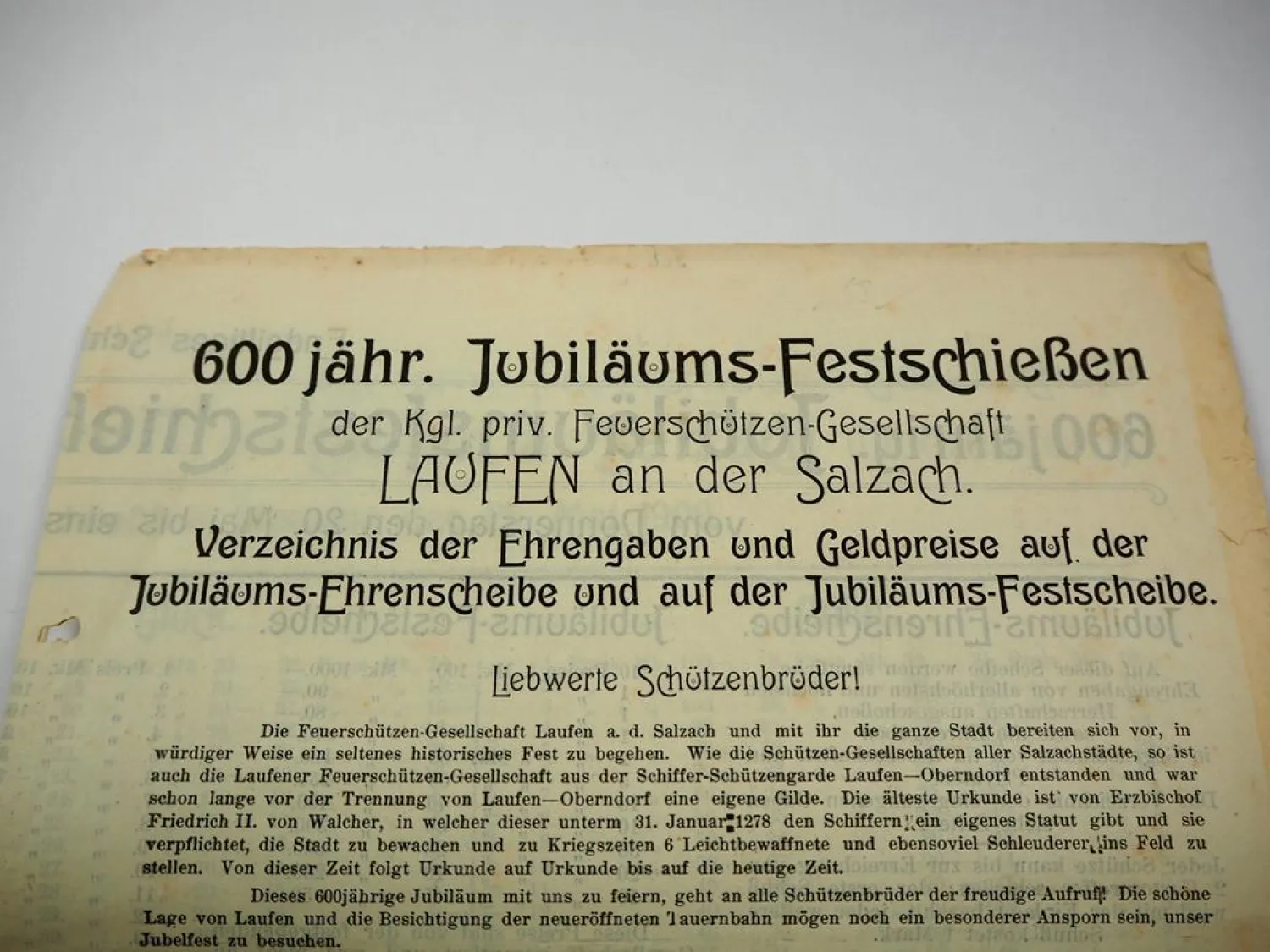 Original Verzeichnis Festschießen Schieß Programm Laufen a. Salzach Bayern 1909