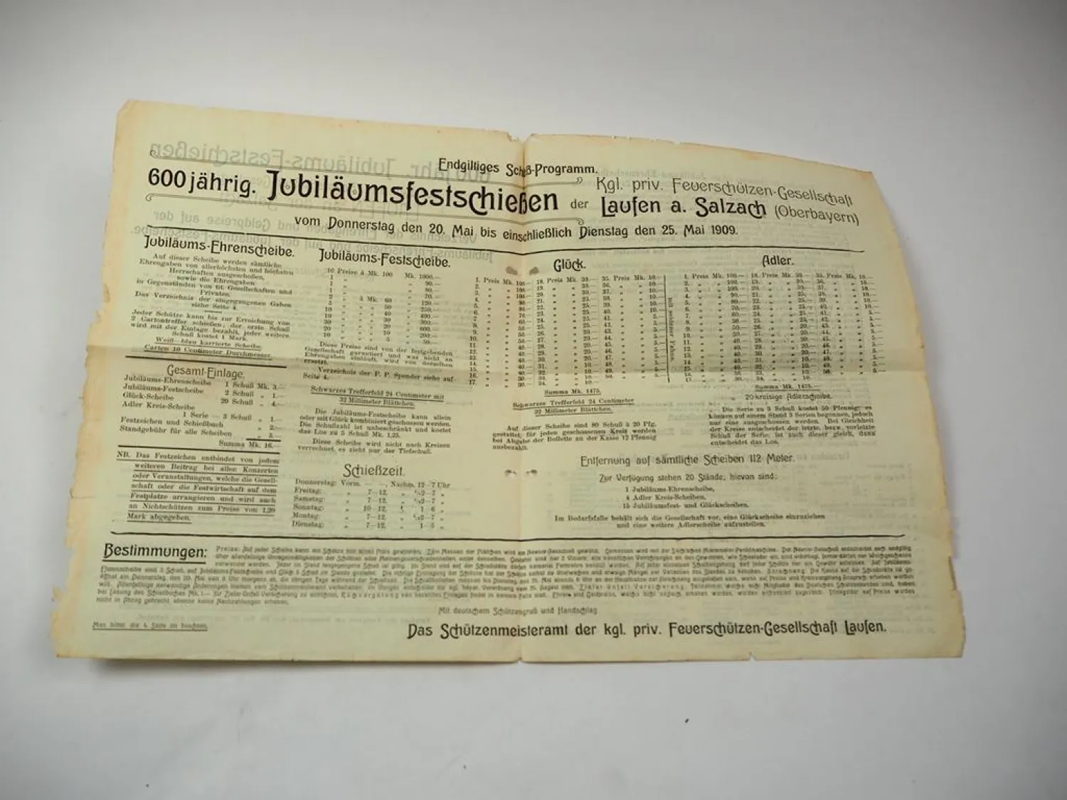 Original Verzeichnis Festschießen Schieß Programm Laufen a. Salzach Bayern 1909