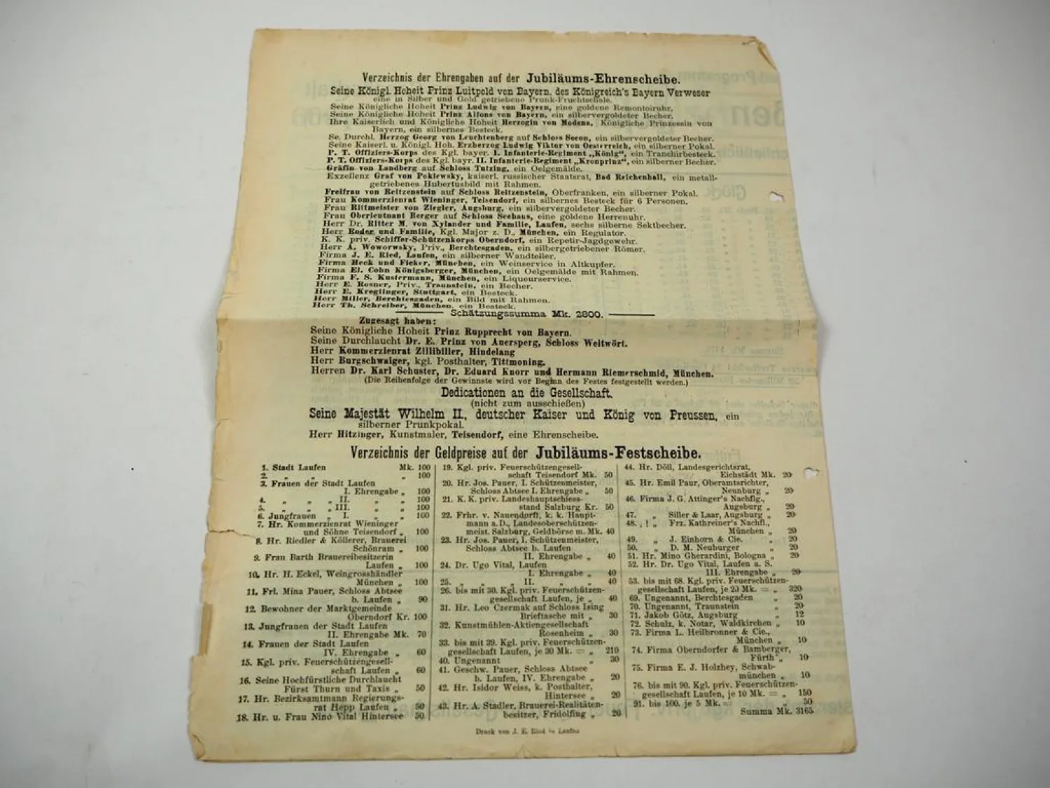 Original Verzeichnis Festschießen Schieß Programm Laufen a. Salzach Bayern 1909