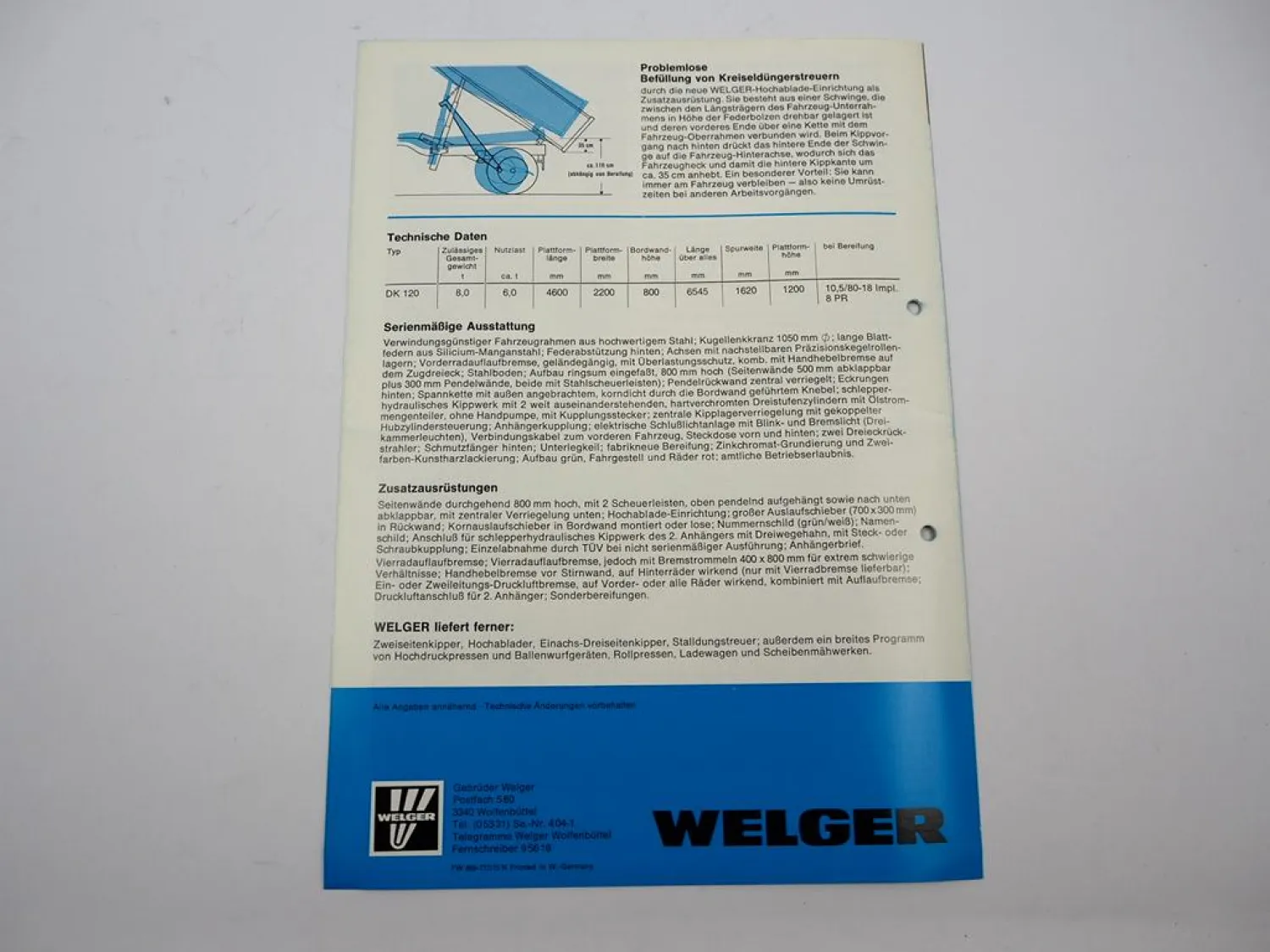 Original Welger DK120 Dreiseitenkipper 1977 Prospekt mit technischen Daten