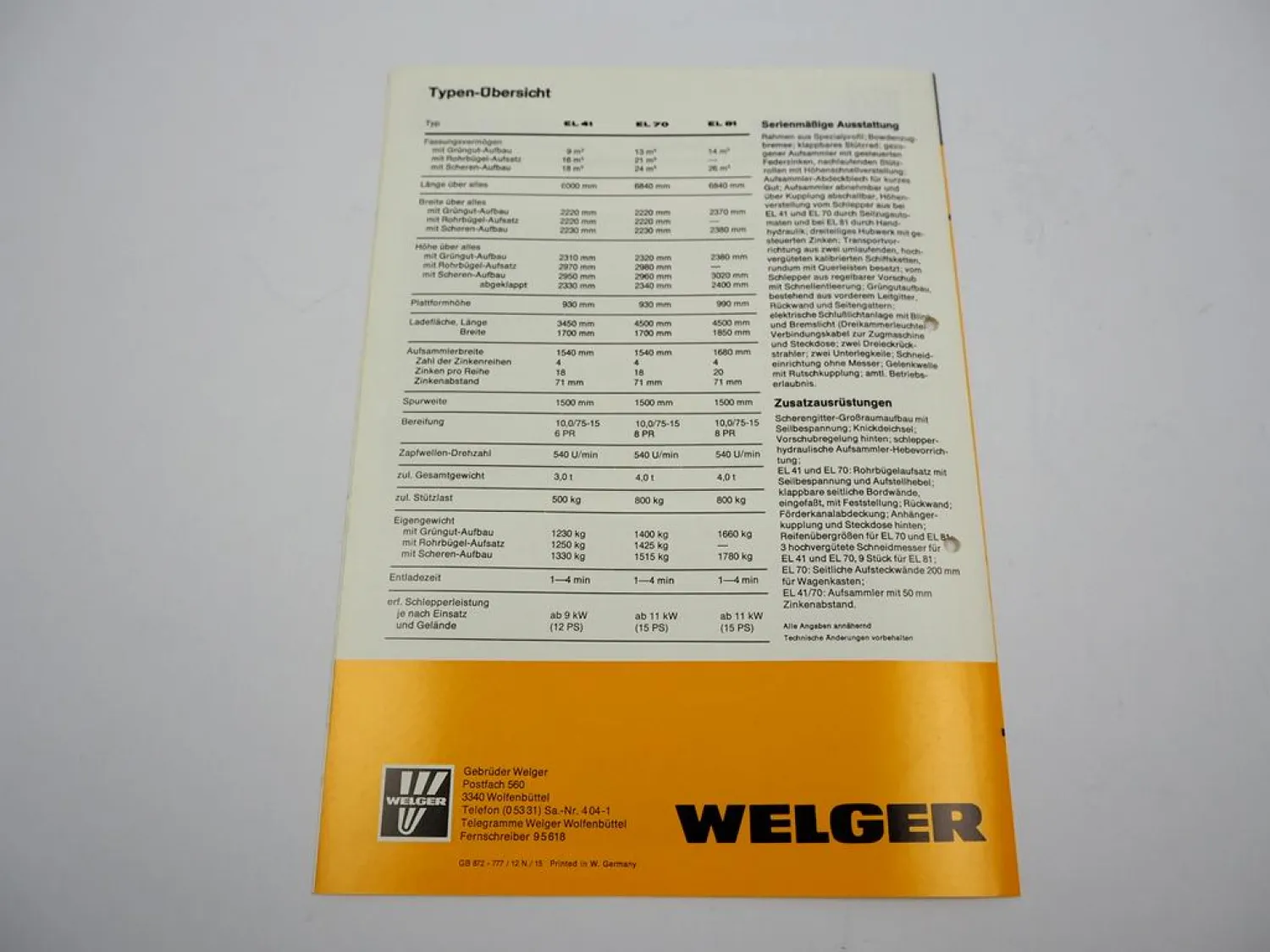 Original Welger EL 41 70 81 Ladewagen 1977 Prospekt mit technischen Daten